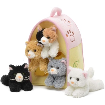 Plush Cat House with Cats - Five (5) Stuffed Animal Cats in Play Kitten House