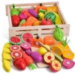 FUN LITTLE TOYS 35PCS Wooden Play Food for Kids Kitchen, Pretend Cutting Food