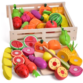 FUN LITTLE TOYS 35PCS Wooden Play Food for Kids Kitchen, Pretend Cutting Food