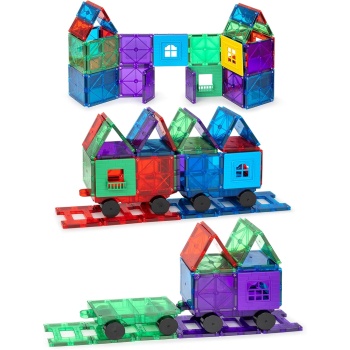 Playmags Magnetic Tiles Train Car Set for Kids - 55pcs Magnet Building Blocks