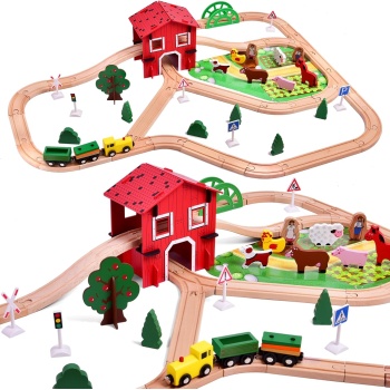 FUN LITTLE TOYS 77PCS Wooden Train Set Toy Train for Boys & Girls with Wood
